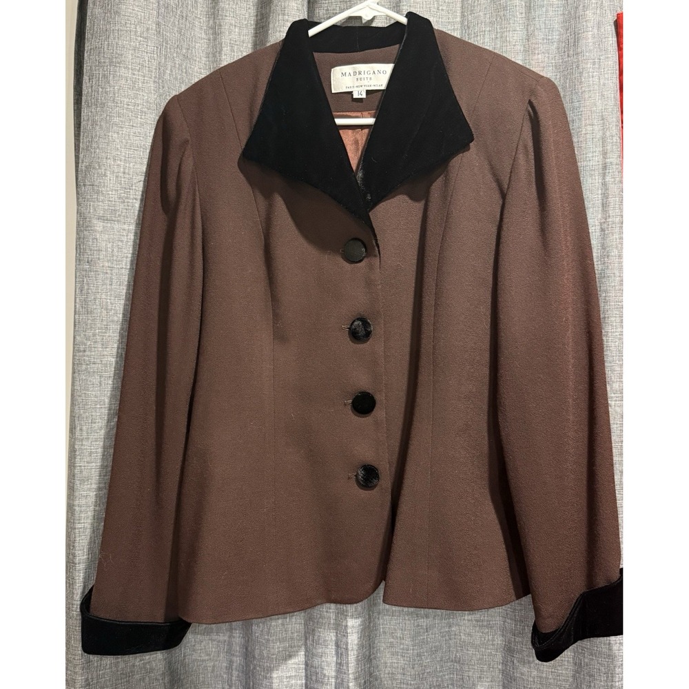 Madrigano Suits Brown Blazer 100% Wool Jacket Size 14 Faux Fur Trim Black Vtg